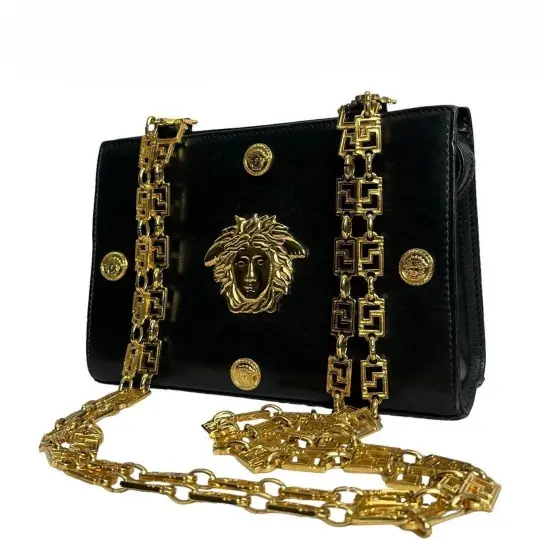 GIANNI VERSACE Greca Chain Shoulder bag Medusa Leather Black Used