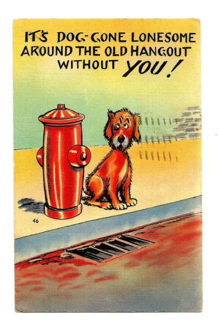 Dog Fire Hydrant Comic Postcard Dog Gone Lonesome