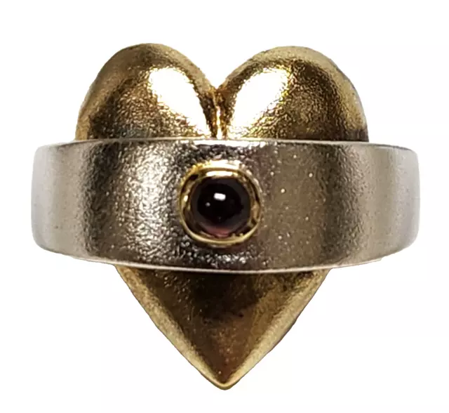 Brushed 925 Sterling Silver Gold Wash Bezel Set Garnet Heart Ring Size 8