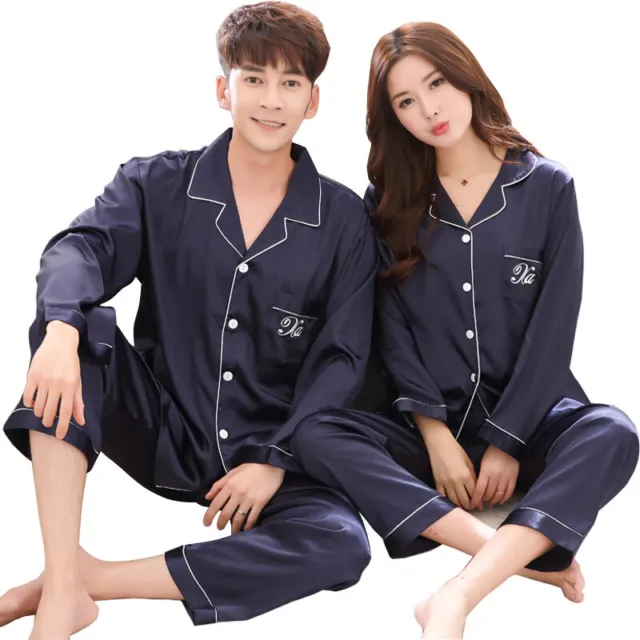 Couple Men Women Silk Satin Pajamas Sets Long Sleeve Pyjamas Sleepwear Nightwear 2