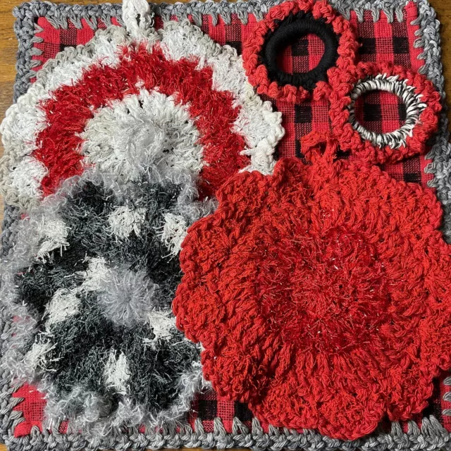 Crochet Towel Dishcloth Scrubby Wristlet RED BLACK GRAY SET6 XL Grannycore Rags