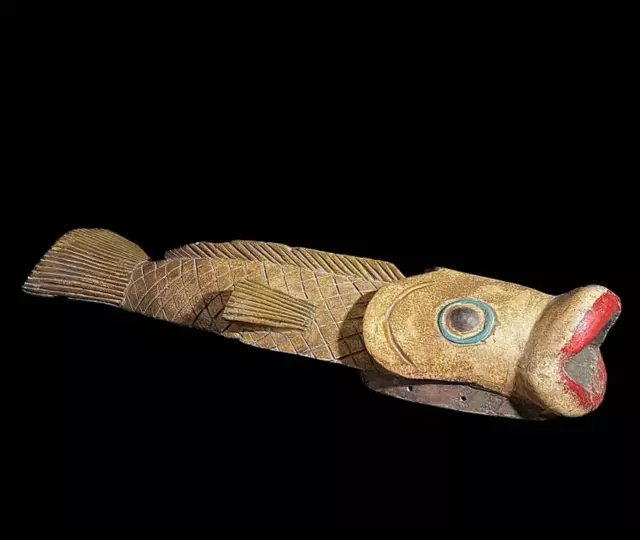 African Tribal Face Mask Wood Hand Carved Vintage Wall Hanging Bozo Fish -7619