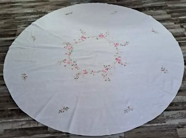 Vintage Linen Round Tablecloth White Embroidered Pink Flowers Cottage 68"