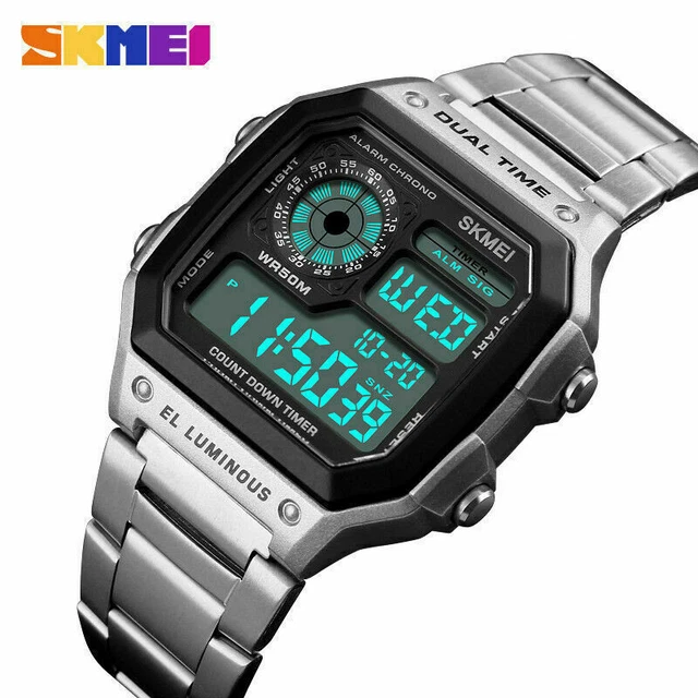 SKMEI Mens Watch Silver Digital Stainless Steel Waterproof Wrist Fashion Casual