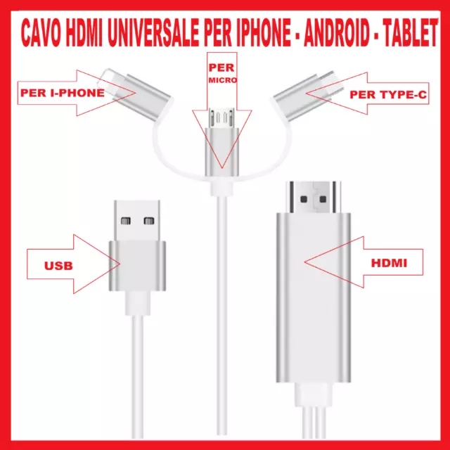 Cavo Mhl Universale Full Hd 3 In 1 Hdmi Micro Usb Type-C Lightning Per Tv Pc