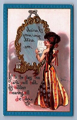 Postcard Vintage Humor Artist Signed DWIG Woman Mirror Puzzle Card