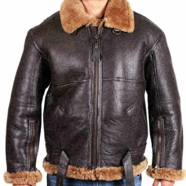 Men's RAF B3 Bomber Flight Aviator Fur Shearling Sheepskin Brown Leather Jacket