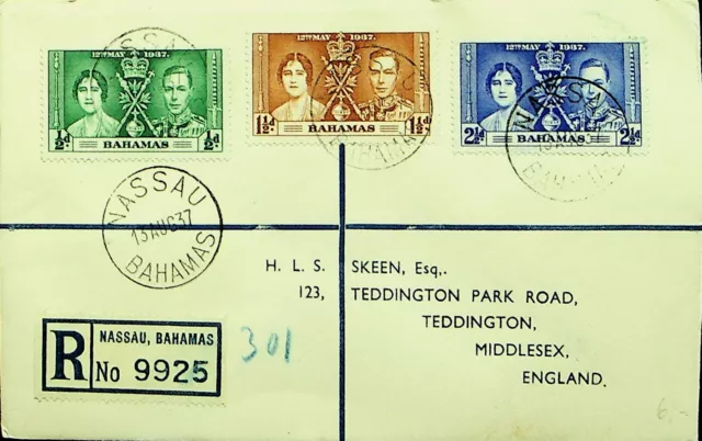 SEPHIL BAHAMAS 1937 3v REGD COVER FROM NASSAU TO ENGLAND GB