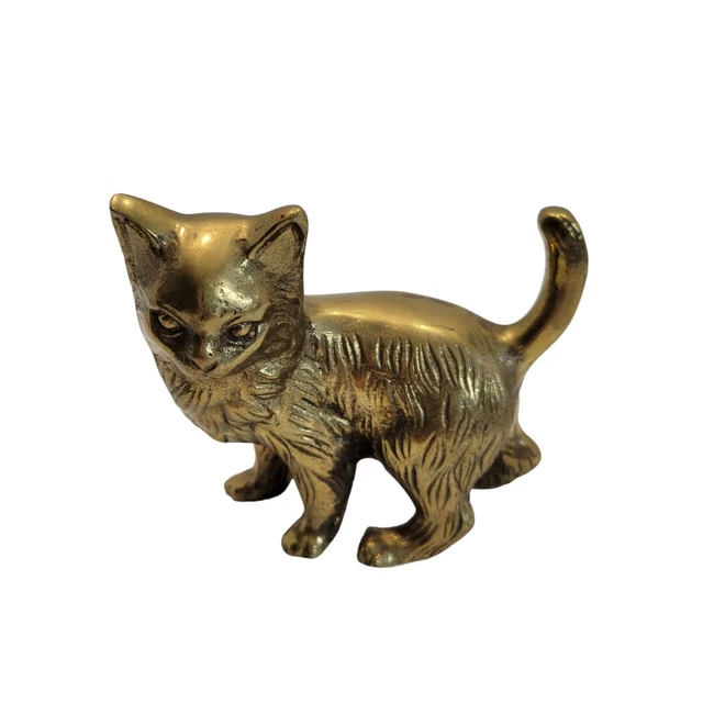 VINTAGE SMALL SOLID Brass Bronze Cat Kitten Figurine Statue 14 Oz £33.