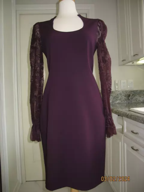 Nwot Elie Tahari Eggplant 100% Silk Sheer Embroidered Sleeves Sheath Dress-Sz 6