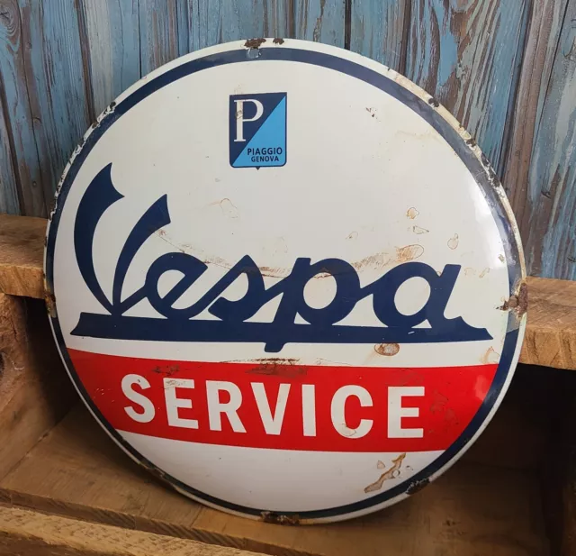 Vintage Piaggio Genova VESPA Scooter Service Porcelain Enamel Metal Dome Sign