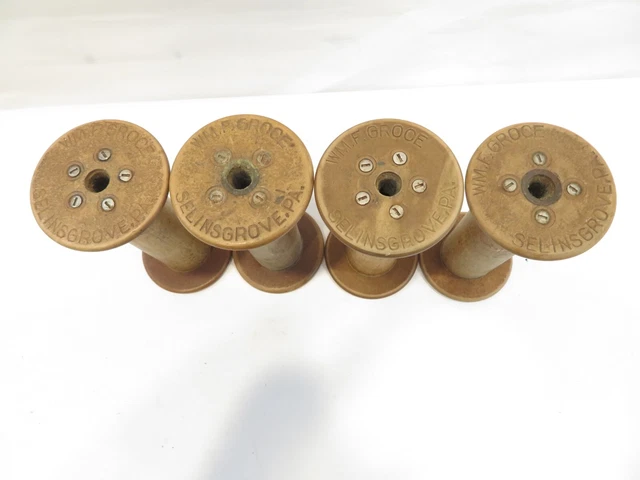 Vintage Antique WM F GROCE Lot 4 Wooden Spool Textile Mill Bobbin Selinsgrove,PA