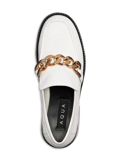 AQUA Womens White Bone Lizard Chain Lena Slip On Leather Heeled Loafers 9 M
