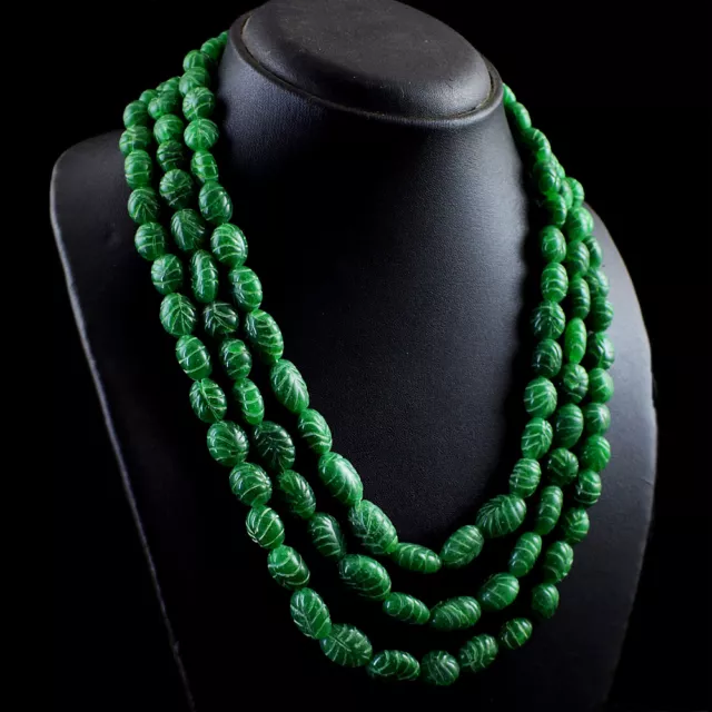 795.00 Cts Earth Mined 3 Strand Green Emerald Oval Carved Beads Necklace NK11E19