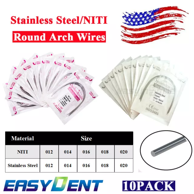 Ortho Stainless Steel/NITI Arch Wires Dental Round Super Elastic For Braces 10Pk