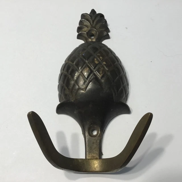 Vintage Brass Wall Mount Pineapple Hat Coat Towel Hanger Double Hook Patina 5”