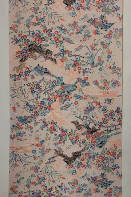 vintage Japanese kimono silk chirimen fabric pink garden landscape floral 5