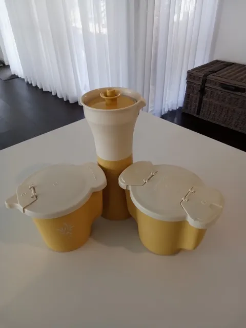 Vintage 1970's Set of 3, Creamer, Sugar, French Dressing Pourer. Yellow, flip...