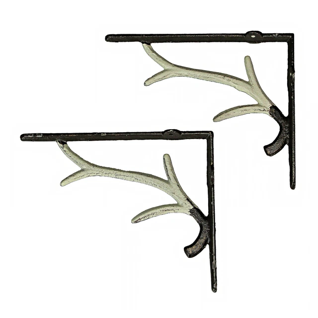 Set of 2 Cast Iron White Deer Antler Decorative Shelf Brackets Wall Decor