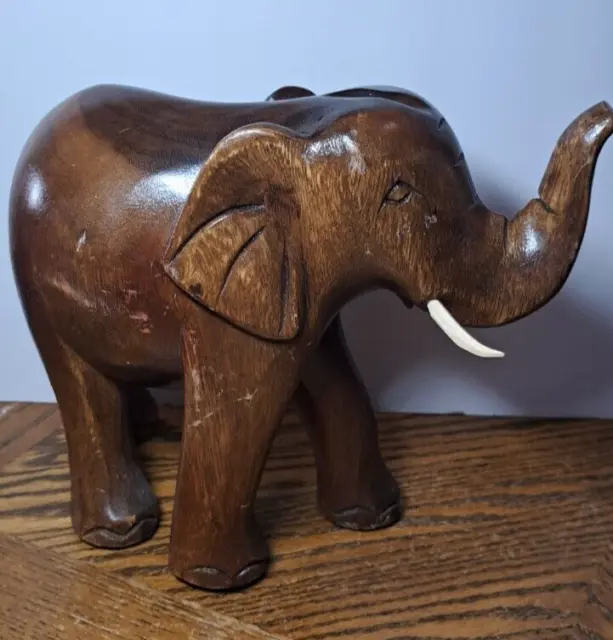 Vintage Wood Carved Elephant 8'' H