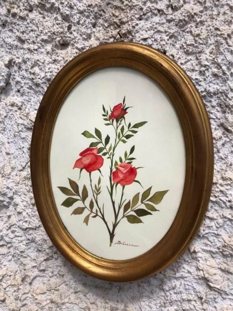 Quadro dipinto vintage- “Rose”- cornice ovale in legno