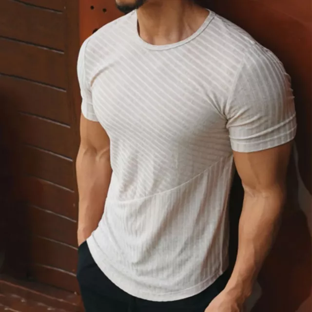 Atmungsaktiv T-Shirt Fitness -Training Herren Kurzarm Streifen Patchwork Mode