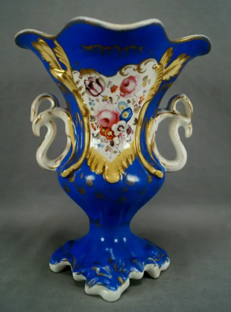 British Hand Painted Cottage Flowers Blue Yellow & Gold Bone China Rococo Vase