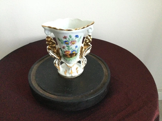 Ancien socle rond bois noirci Napoléon III vase porcelaine de Paris décor floral