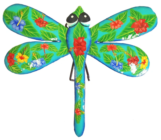 Teal Dragonfly Hibiscus Haitian Metal Art Wall Decor