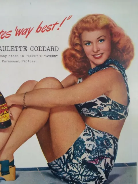 RC Cola Print Ad Original Vtg 1940s Royal Crown Paulette Goddard Swimsuit Smile