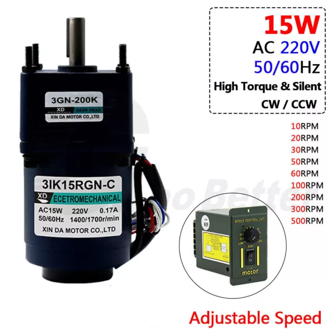 AC 220V 15W Gearmotor Metal Gearbox High Torque Adjustable Speed 10RPM to 500RPM