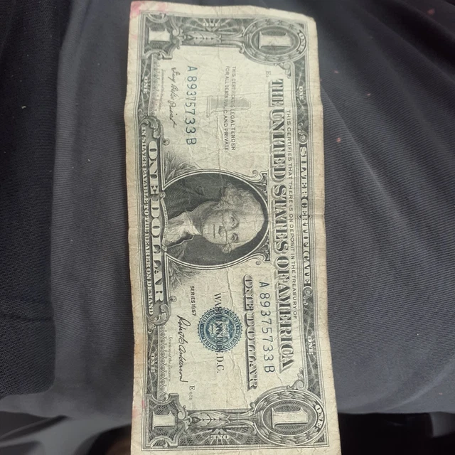 1957 $1 One Dollar Bill  Silver Certificate Blue Seal Series A,  F Serial number