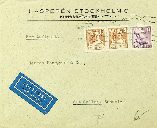 SWEDEN 1940 WWII 3v ON AIRMAIL COVER FROM STOCKHOLM TO ST. GALLEN SWITZERLAND