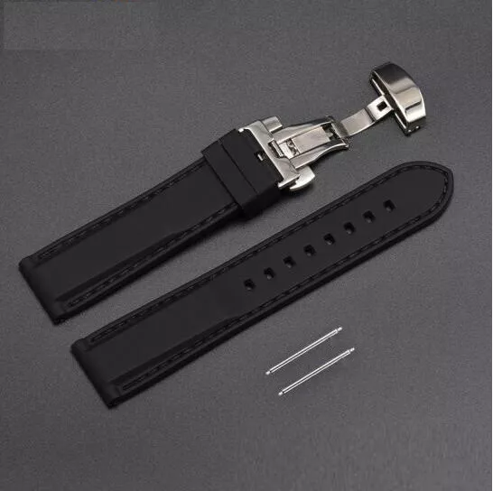 Rubber Silicone Replacement Watch Band Strap Steel Buckle Lock Black Stitching