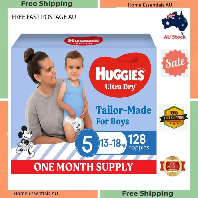 Huggies Ultra Dry Nappies Boys Size 5 (13-18kg) 128 Count - One Month Supply