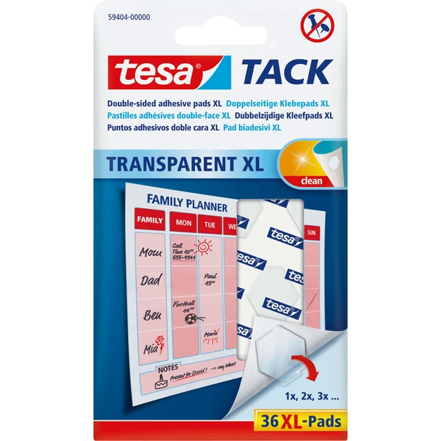 10x almohadillas adhesivas tesa XL TACK, 3cm2, reutilizables, transparentes