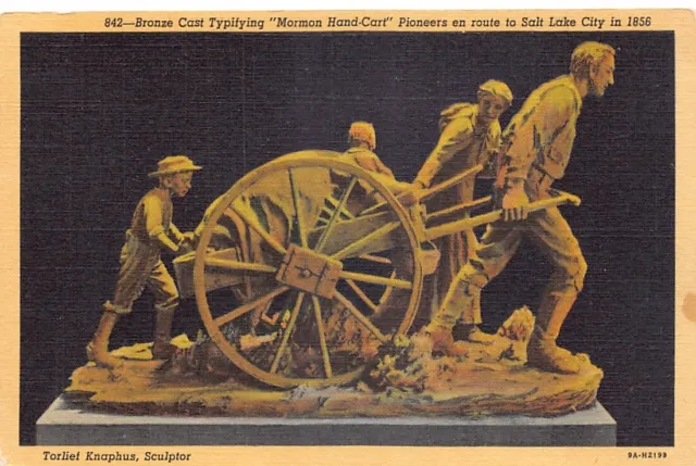 Bronze Mormon Hand-Cart Pulled by Mormons by Torleif Knaphus Vtg Postcard CP314