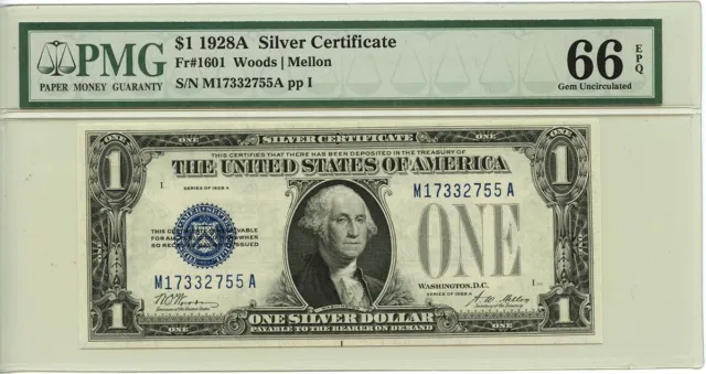 1928A $1 Silver Certificate Blue Woods Mellon Fr# 1601 PMG GEM 66 EPQ
