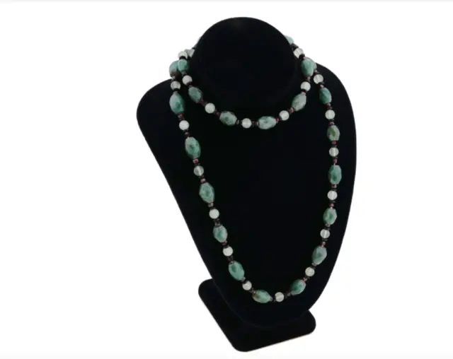 VNTG Fine Chinese Export Necklace Natural Jadeite Garnet Fluorite Emerald Clasp