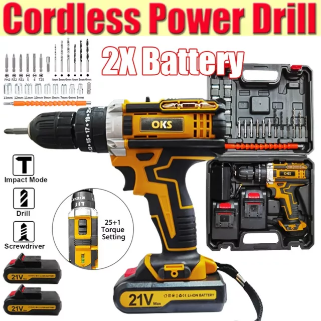 21V Cordless Drill Combi Driver Electric Screwdriver Set with 2Battery + Charger