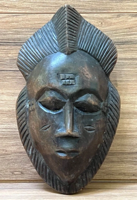African Hand Carved Dark Wood Tribal Mask Wall Décor Art Face Carving VTG Estate