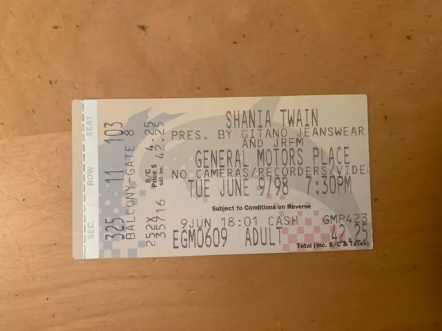 Shania Twain 1998 Concert Ticket Stub, Gm Place, Vancouver, As Is