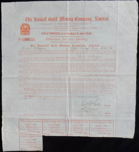 1887  COLORADO Bond 💲 Russell GOLD MINING Company, Ltd.