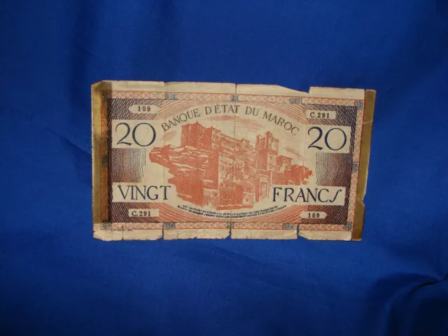 MOROCCO 20 FRANCS BANKNOTE 1943 - Banque D’ Etat Du Maroc - CIRCULATED WORN