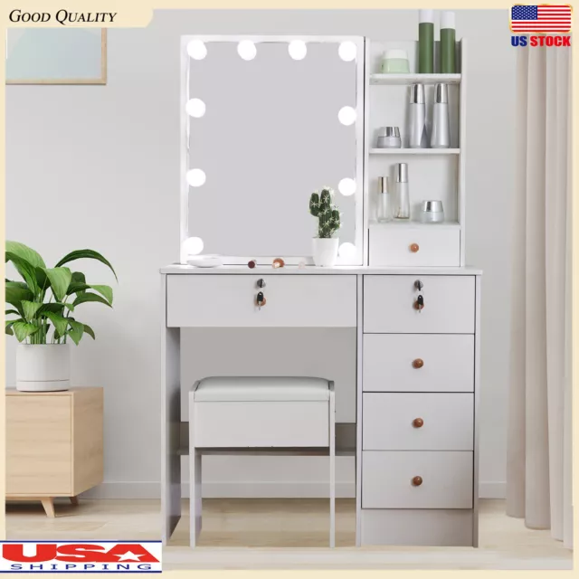 Makeup Dressing Table Vanity Set With Mirror 10 Led Lights For Girls Women Gifts