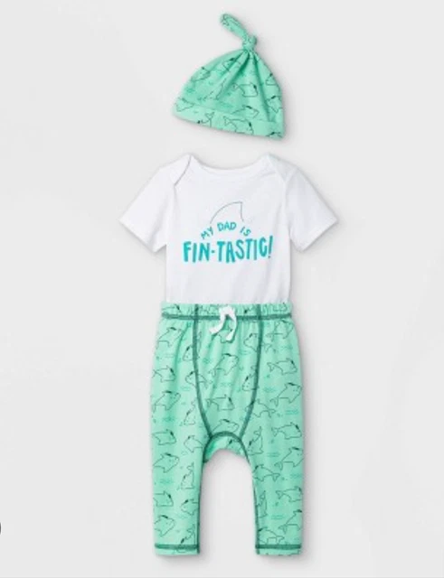 Cat & Jack My Dad is Fin-Tastic Outfit 0-3M 3PC Bodysuit Pants Hat Green Shark
