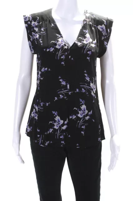 Rebecca Taylor Womens Silk Floral Print V Neck Short Sleeves Blouse Black Size 2