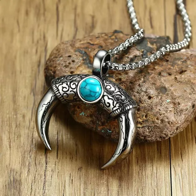 Silver Turquoise Celtic Horn Pendant Necklace Chain Men's Women's Jewelry