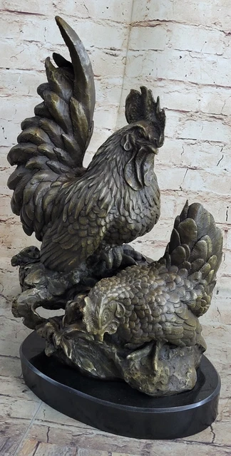 Vintage Solid Brass Roosters Sculpture French Pair Crowing Hen Farm Decoration