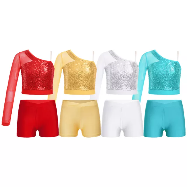 Kids Girls Dancewear Booty Top And Shorts Gymnastics Activewear Biketard Dance